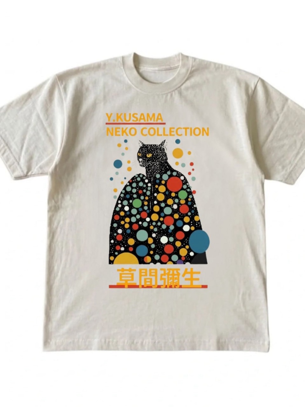 Cream Tee with Multicolor Polka-Dot Cat Graphic